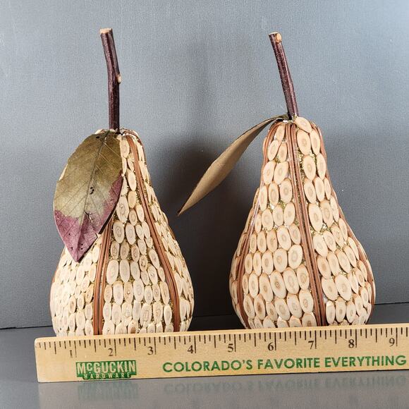 Set of 2 Handmade Wooden Pear Ornaments with Natural Bark and Leaf Accents - Picture 8 of 12